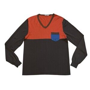 ICEBERG V-Neck Brown/Orange Color Block Knit Sweater Preppy Retro Men's Sz Small
